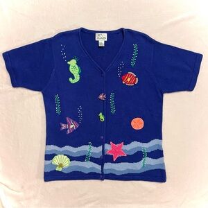 Blue Colorful Fish Ocean Beaded Knit Short Sleeve Cardigan Statement Piece